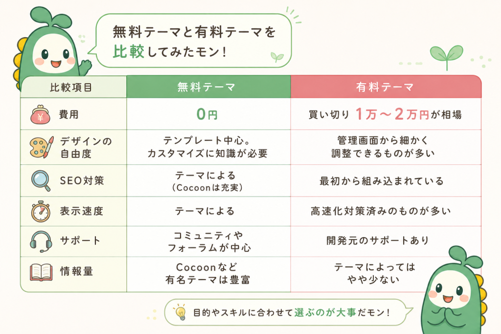 WordPressの無料テーマと有料テーマを比較した図解