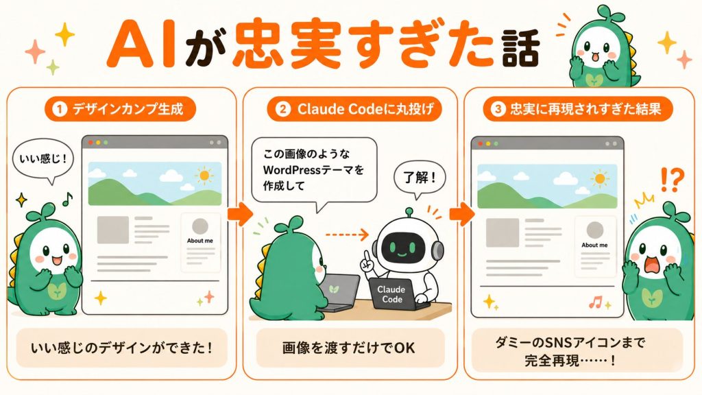 AIが忠実すぎた話の図解
デザインカンプ生成→ClaudeCodeに丸投げ→忠実に再現されすぎた結果