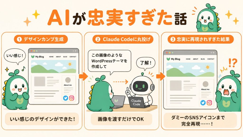 AIが忠実すぎた話の図解
デザインカンプ生成→ClaudeCodeに丸投げ→忠実に再現されすぎた結果