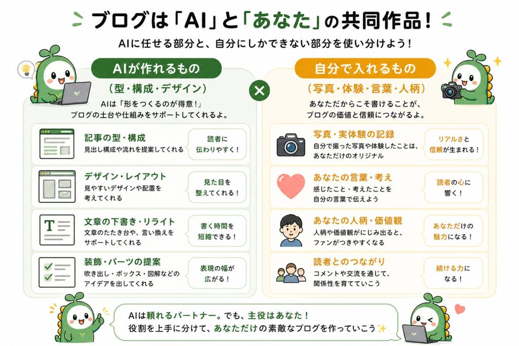 画像:「AIが作れるもの(型・構成・デザイン)」と「自分で入れるもの(写真・体験・言葉・人柄)」を対比した図