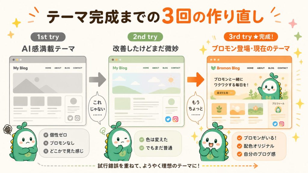 リポジトリ3回作り直しのビフォーアフター変遷
1回目(AI感満載)→ 2回目(改善したけどまだ微妙)→ 3回目(ブロモン登場、現在の形)みたいな進化の過程。「最初からうまくいかなくていいんだ」というメッセージが図で伝わる。