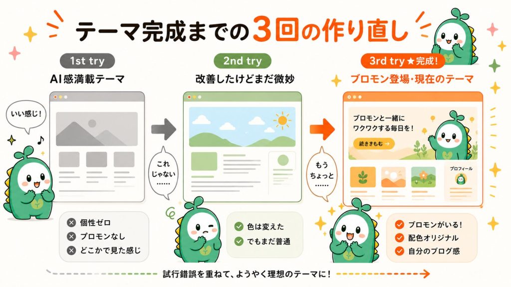 リポジトリ3回作り直しのビフォーアフター変遷
1回目（AI感満載）→ 2回目（改善したけどまだ微妙）→ 3回目（ブロモン登場、現在の形）みたいな進化の過程。「最初からうまくいかなくていいんだ」というメッセージが図で伝わる。