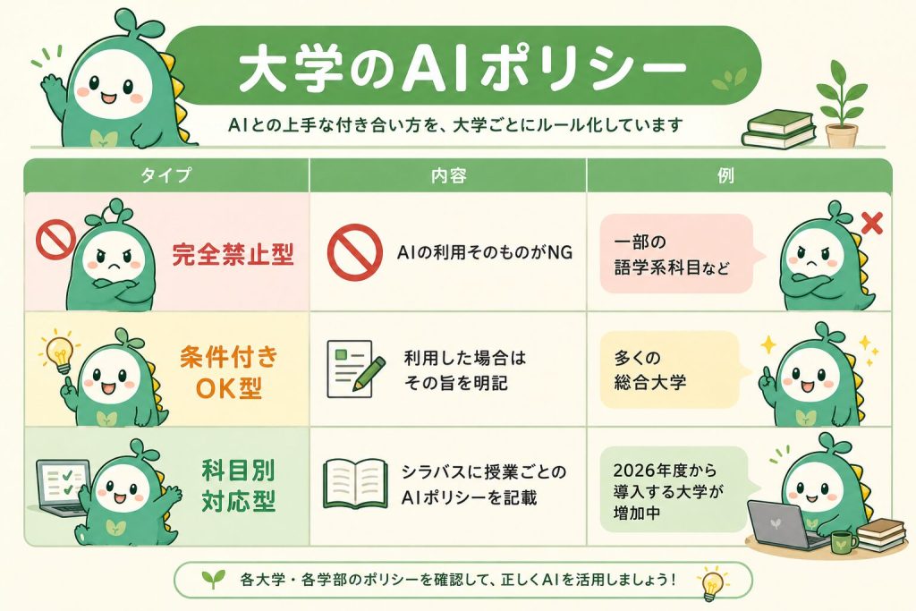 大学のAIポリシーについてそれぞれまとめた図解。