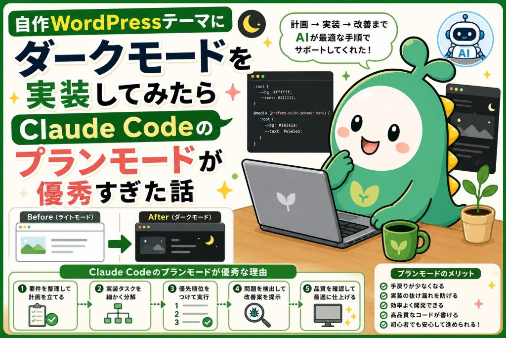 自作WordPressテーマにダークモードを実装してみたらClaude Codeのプランモードが優秀すぎた話のアイキャッチ画像