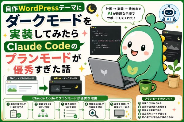 自作WordPressテーマにダークモードを実装してみたらClaude Codeのプランモードが優秀すぎた話のアイキャッチ画像