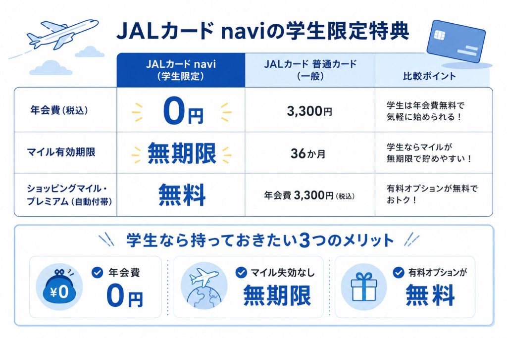 JALカードnaviの学生限定の特典内容についてまとめた図解。