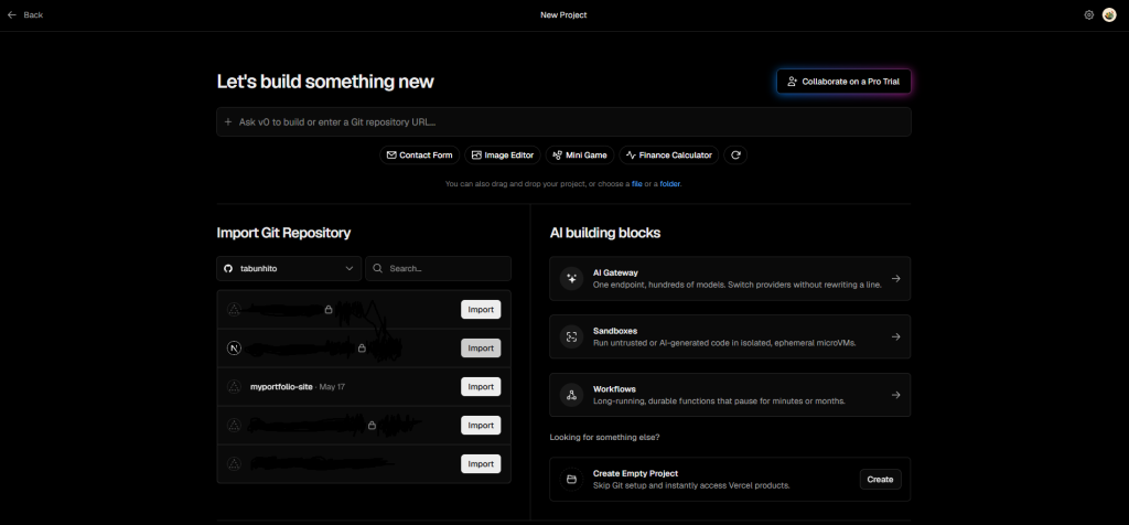 VercelのImport Git Repository画面。リポジトリ一覧から選択しているスクリーンショット