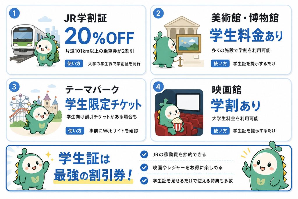 学生証で割引を受けられる施設をまとめた図解。