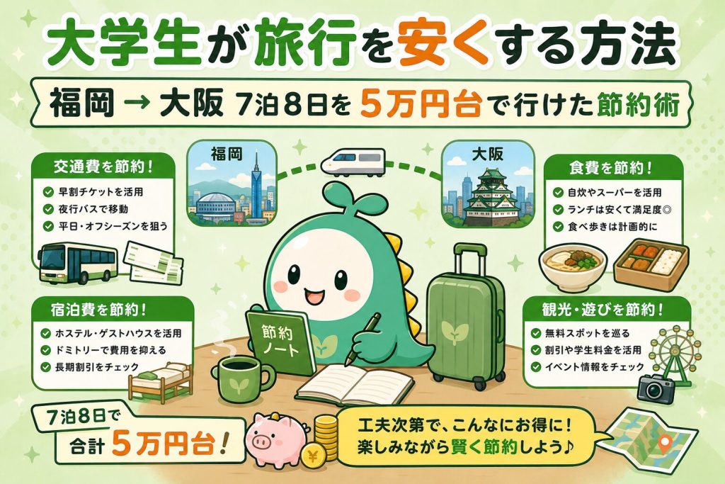 大学生が旅行を安くする方法｜福岡→大阪 7泊8日を5万円台で行けた節約術 のアイキャッチ画像