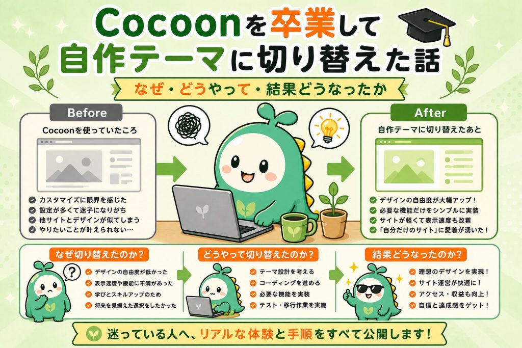 Cocoonを卒業して自作テーマに切り替えた話｜なぜ・どうやって・結果どうなったか のアイキャッチ画像